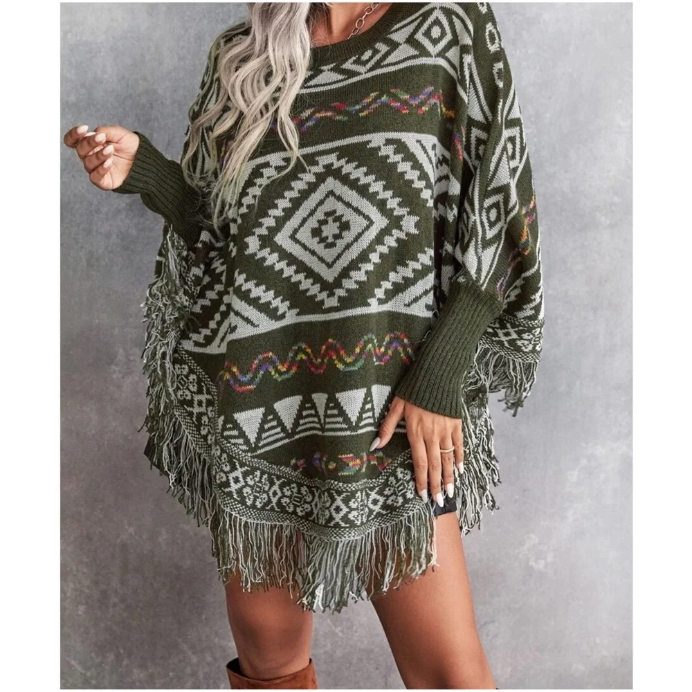 Cozy Tribal Print Tassel hem Poncho Sweater - Picture 2 of 7